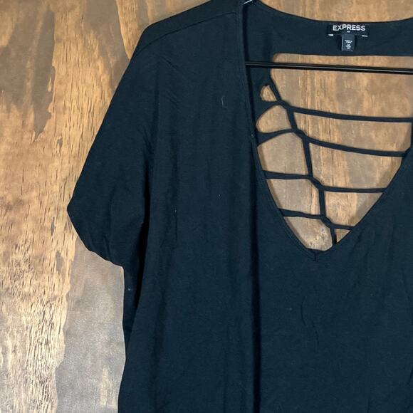 Express Womens Shirt Black Open Criss Cross Back Short Sleeve Stretch Medium - Picture 4 of 12